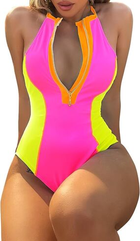 AFAVOM Women One Piece Swimsuit Color Block Tummy Control Bathing Suit Swimming Rash Guard Halter Swimwear Monokini Beachwear in Saudi Arabia