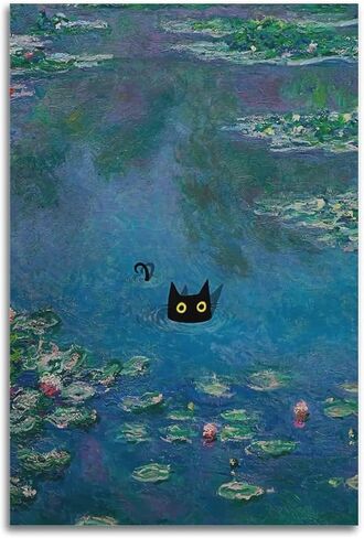 Famous Monet Oil Painting Water Lily Black Cat Funny CatPoster Wall Decoration Gift Art Painting Aesthetic Wall Art Canvas Office Bedroom Decoration Gift 12x18inch(30x45cm) Unframe-style-3 in Saudi Arabia
