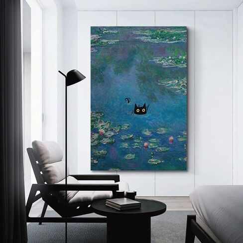 Famous Monet Oil Painting Water Lily Black Cat Funny CatPoster Wall Decoration Gift Art Painting Aesthetic Wall Art Canvas Office Bedroom Decoration Gift 12x18inch(30x45cm) Unframe-style-3 in Saudi Arabia