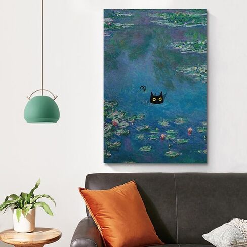Famous Monet Oil Painting Water Lily Black Cat Funny CatPoster Wall Decoration Gift Art Painting Aesthetic Wall Art Canvas Office Bedroom Decoration Gift 12x18inch(30x45cm) Unframe-style-3 in Saudi Arabia