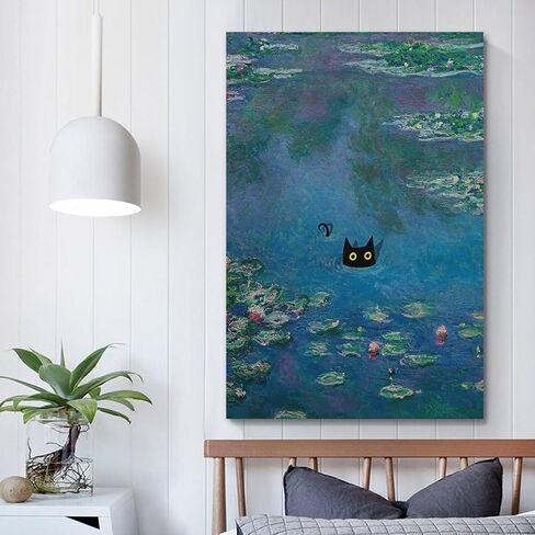 Famous Monet Oil Painting Water Lily Black Cat Funny CatPoster Wall Decoration Gift Art Painting Aesthetic Wall Art Canvas Office Bedroom Decoration Gift 12x18inch(30x45cm) Unframe-style-3 in Saudi Arabia