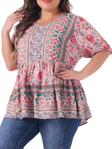 Agnes Orinda Plus Size Boho Tops for Women Floral Print V Neck Short Sleeve Summer Shirts Peplum Loose Blouses in Saudi Arabia