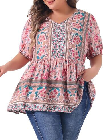 Agnes Orinda Plus Size Boho Tops for Women Floral Print V Neck Short Sleeve Summer Shirts Peplum Loose Blouses in Saudi Arabia