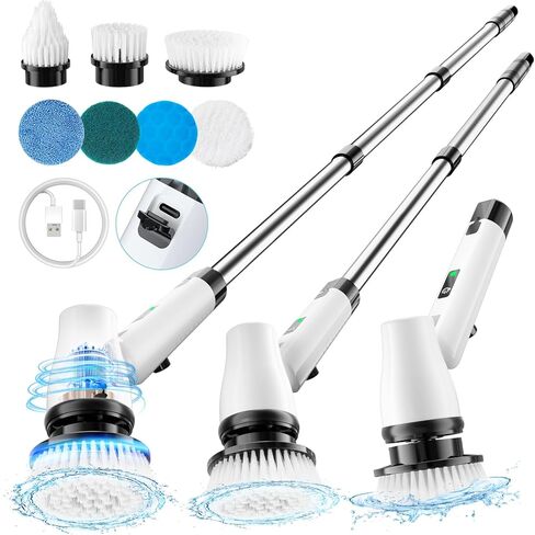 GiveBest Electric Spin Scrubber Brush - Cordless Shower Scrubber with Long Handle for Cleaning Bathroom, Bathtub Power Scrubber with 7 Replacement Head & Dual Speed for Floor, Tub, Tile, Kitchen, Car in Saudi Arabia
