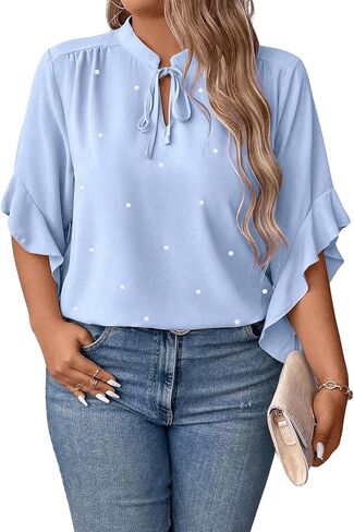 WDIRARA Women's Plus Size Pearls Tie Neck Ruffle Trim Flounce Sleeve Blouse Tops in Kuwait