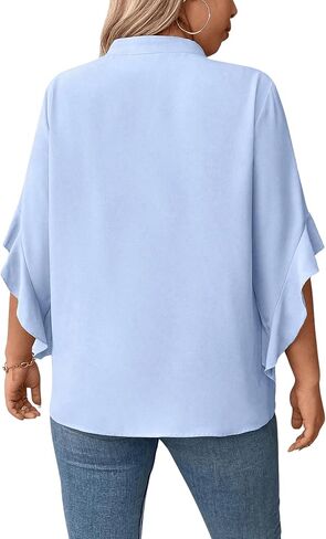 WDIRARA Women's Plus Size Pearls Tie Neck Ruffle Trim Flounce Sleeve Blouse Tops in Kuwait