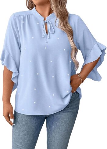WDIRARA Women's Plus Size Pearls Tie Neck Ruffle Trim Flounce Sleeve Blouse Tops in Kuwait