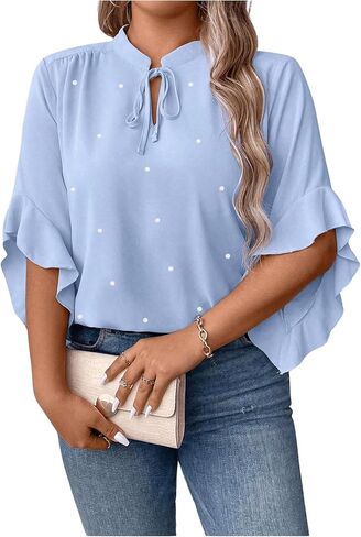 WDIRARA Women's Plus Size Pearls Tie Neck Ruffle Trim Flounce Sleeve Blouse Tops in Kuwait