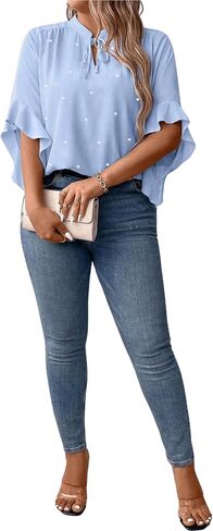 WDIRARA Women's Plus Size Pearls Tie Neck Ruffle Trim Flounce Sleeve Blouse Tops in Kuwait