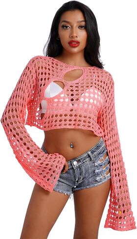 Long Sleeve Sheer Bead Sequins Mesh Fishnet Tops for Women Pearl See Through Glitter Shiny Shirt Top in Kuwait