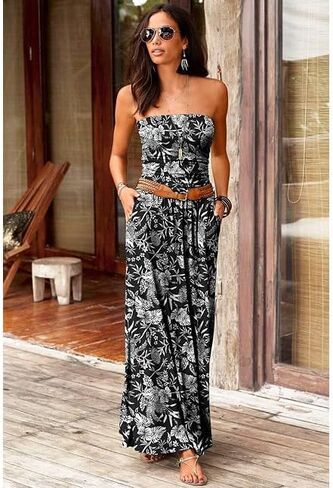 فستان LASCANA طويل جذاب بتصميم Bandeau أخضر زيتوني بدون أكمام مكشوف الكتفين in Kuwait