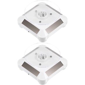 2pcs Solar Display Stand Turntable 3.54" Plate Dia Battery Double Use LED Light 360° Two-Way Rotating ABS Plastic Automatic Revolving Display for 3D Print Jewelry Displaying, White