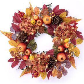 DecorbyHannah Fall Wreaths for Front Door, 24 inch Pre-Lit Autumn Wreath with Golden Boxwood Pinecone Pomegranate Leaves for Harvest Thanksgiving Home Wall Window Indoor Outdoor Decor