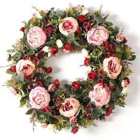 Peony Spring Wreath for Front Door 24inch Handmade Pink Artificial Floral Wreath Summer Wreath for Front Door Wall Windows Deco(Large)
