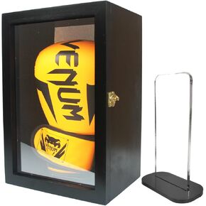 Glove Stand,Boxing Glove Display Frame Case Lockable Wooden Cabinet Rack Stand Black Shadow Box, Self Assembled Acrylic Display Case for Full Size Boxing Gloves, Black