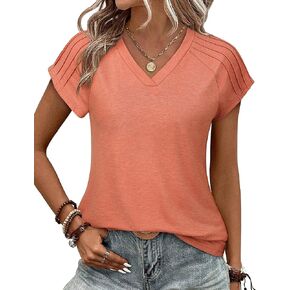 Triratna Womens Summer Tops Pleated Short Sleeve Blouses for Women Casual V Neck T Shirts Loose Fit Tunic Tshirts Tee