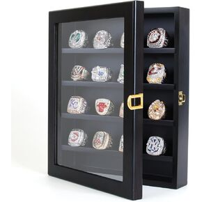 Championship Ring Display Case, 16 Ring Posts Baseball Ring Display Case, 8 x 10 Wooden Championship Ring Display Box with Locks to Show Sport, Classm, Fraternity and Award Rings