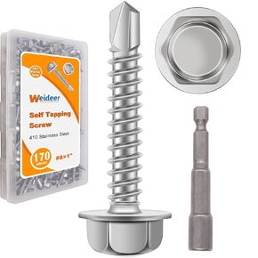weideer 170pcs #8×1" Self Tapping Screws for Sheet Metal Hex Washer Head 410 Stainless Steel Self Drilling Screws Quick Tapping Screw with a Socket Driver K-127