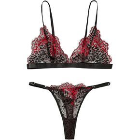 SweatyRocks Women's Floral Lace 2 Piece Spaghetti Strap Triangle Bra with Thongs Lingerie Set