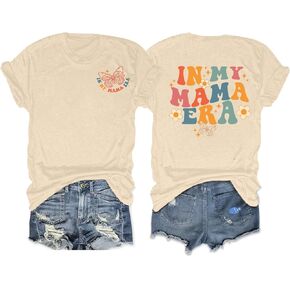 Mama T-Shirt for Women Colorful Letter in My Mama Era Print Flower Butterfly Pattern Mom Shirt Mama Gift Casual Top