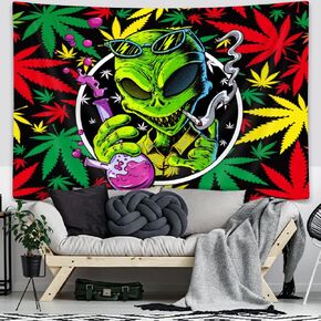 Wathon Trippy Weed Marijuana Tapestry Cool Alien Marijuana Leaf Wall Tapestry for Bedroom, Psychedelic Tie Dye Stoner Tapestries for Men Aesthetic Hippie Wall Art Poster for Dorm Home Decor 60X40IN