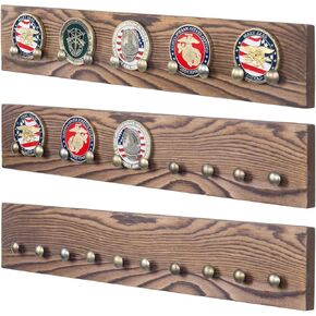 MyGift Wall-Mounted Brown Wood Military Challenge Coin Holder, Casino Chip Display Rack, Set of 3