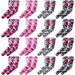16 Pair Breast Cancer Awareness Sleeves Pink Ribbon Arm Sleeves Cooling Baseball Compression Arm Cover Sleeve for Women Girls