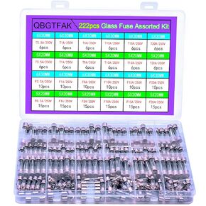 24 Values 222pcs 250V Fast Slow Blow Glass Fuses Assorted Kit 6X30MM 250V T 0.5A, 1A, 5A, 10A, 15A, 20A, 5X20MM F 0.5A, 1A, 5A, 10A, 15A, 20A, packag in a Clear Plastic Box