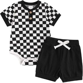 Newborn Baby Boy Girl Clothes Set Ribbed Short Sleeve Striped Romper Top Solid Color Shorts Sets 2Pcs Summer Outfits