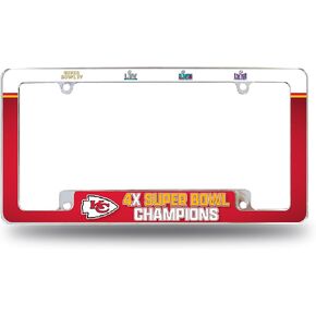 Rico Industries NFL Football Kansas City Chiefs 4 Time Super Bowl Champs 12" x 6" Chrome All Over Automotive License Plate Frame for Car/Truck/SUV