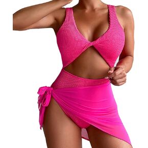 Women 2 Piece Bkini Sets, Twist Front One Piece Swimsuit Sexy V Neck Cutout Ruched Tummy Control Bathing Suit Cover Up