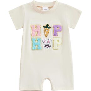 Newborn Baby Boy Girl Easter Outfits Letter&Bunny Embroidery Short Sleeve Jumpsuit Romper Cute Infant Summer Playsuit in Kuwait