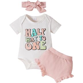 Baby Girl Half Birthday Outfit Half Way to One Romper+Ribbed Shorts+Headband