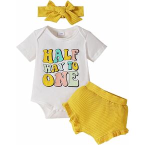 Baby Girl Half Birthday Outfit Half Way to One Romper+Ribbed Shorts+Headband