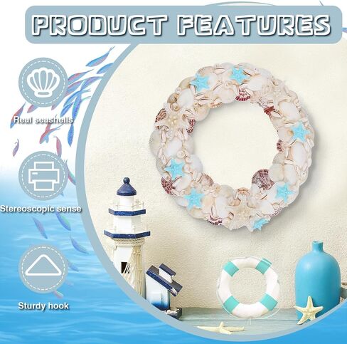 14 Inch Nautical Seashell Wreath Coastal Beach Wreath Summer Seashell Wreath Sea Shell Beach Wreath Coastal Style Christmas Decor Wreaths for Home Decor, Door, Window, Kitchen Cabinet, Chair and Wall in Saudi Arabia