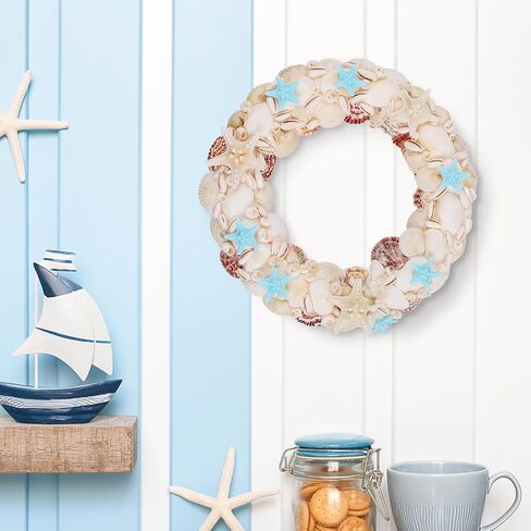 14 Inch Nautical Seashell Wreath Coastal Beach Wreath Summer Seashell Wreath Sea Shell Beach Wreath Coastal Style Christmas Decor Wreaths for Home Decor, Door, Window, Kitchen Cabinet, Chair and Wall in Saudi Arabia