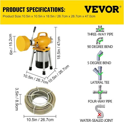 VEVOR 3 Cables Auger Fits 3/4 to 4 Inch Pipes Portable Drain Cleaning Machine with 6 Cutter Heads, Red in Saudi Arabia