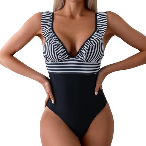 One Piece Swimsuit for Women, Ruffled V Neck Tummy Control Bathing Suit Lace Up Slimming Swimwear, X-Large Black in Saudi Arabia