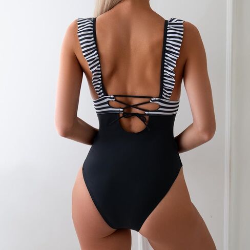 One Piece Swimsuit for Women, Ruffled V Neck Tummy Control Bathing Suit Lace Up Slimming Swimwear, X-Large Black in Saudi Arabia