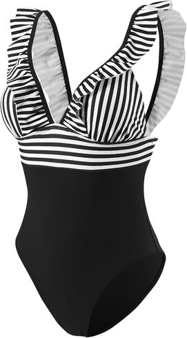 One Piece Swimsuit for Women, Ruffled V Neck Tummy Control Bathing Suit Lace Up Slimming Swimwear, X-Large Black in Saudi Arabia