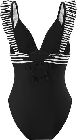One Piece Swimsuit for Women, Ruffled V Neck Tummy Control Bathing Suit Lace Up Slimming Swimwear, X-Large Black in Saudi Arabia