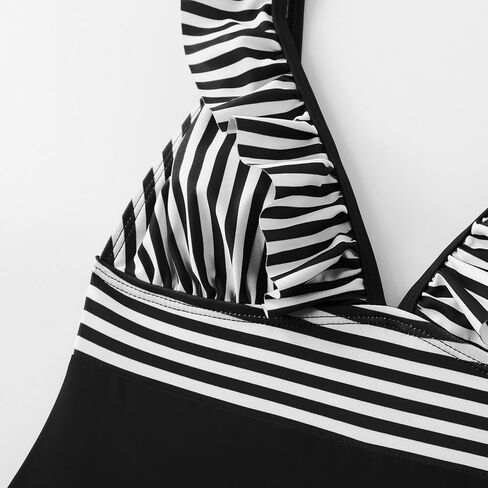 One Piece Swimsuit for Women, Ruffled V Neck Tummy Control Bathing Suit Lace Up Slimming Swimwear, X-Large Black in Saudi Arabia