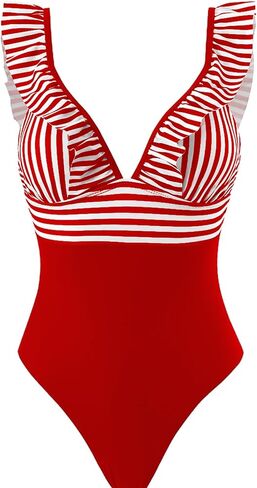 One Piece Swimsuit for Women, Ruffled V Neck Tummy Control Bathing Suit Lace Up Slimming Swimwear, X-Large Red in Saudi Arabia