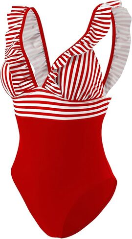 One Piece Swimsuit for Women, Ruffled V Neck Tummy Control Bathing Suit Lace Up Slimming Swimwear, X-Large Red in Saudi Arabia