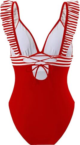 One Piece Swimsuit for Women, Ruffled V Neck Tummy Control Bathing Suit Lace Up Slimming Swimwear, X-Large Red in Saudi Arabia
