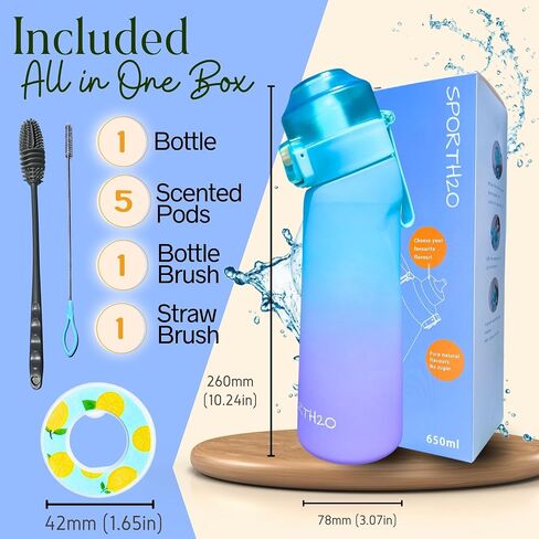 Air Water Bottle 650ml – Water Bottle With 5 Scented Pods, 0% Sugar BPA Free Cup with Bottle & Straw Brushes | Suitable for Outdoor | Sports | Gift Idea (New Black + 5 Pods) in Saudi Arabia