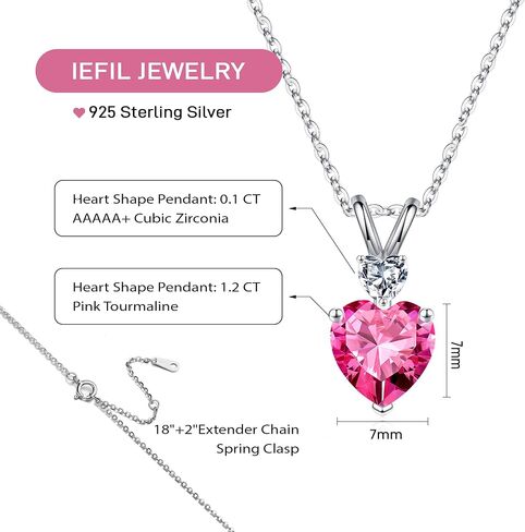 925 Sterling Silver Birthstone Necklace, 1.2 Ct Genuine or Created Heart Birthstone Necklace Anniversary Valentines Day Gifts for Her Mothers Day Christmas Birthday Gifts for Women Girls Jewelry Gifts in Saudi Arabia