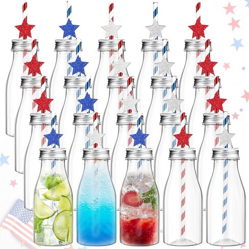 Yinkin 20 Set 4th of July Decorations Plastic Milk Bottle with Red Blue White Stripes Stars Paper Straws and Metal Lids Clear Plastic Bottle for Drink, Patriotic Party Bottle for Juices in Saudi Arabia