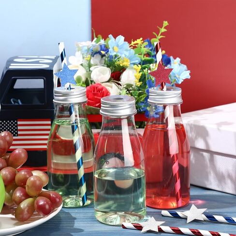 Yinkin 20 Set 4th of July Decorations Plastic Milk Bottle with Red Blue White Stripes Stars Paper Straws and Metal Lids Clear Plastic Bottle for Drink, Patriotic Party Bottle for Juices in Saudi Arabia