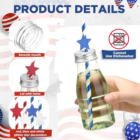 Yinkin 20 Set 4th of July Decorations Plastic Milk Bottle with Red Blue White Stripes Stars Paper Straws and Metal Lids Clear Plastic Bottle for Drink, Patriotic Party Bottle for Juices in Saudi Arabia